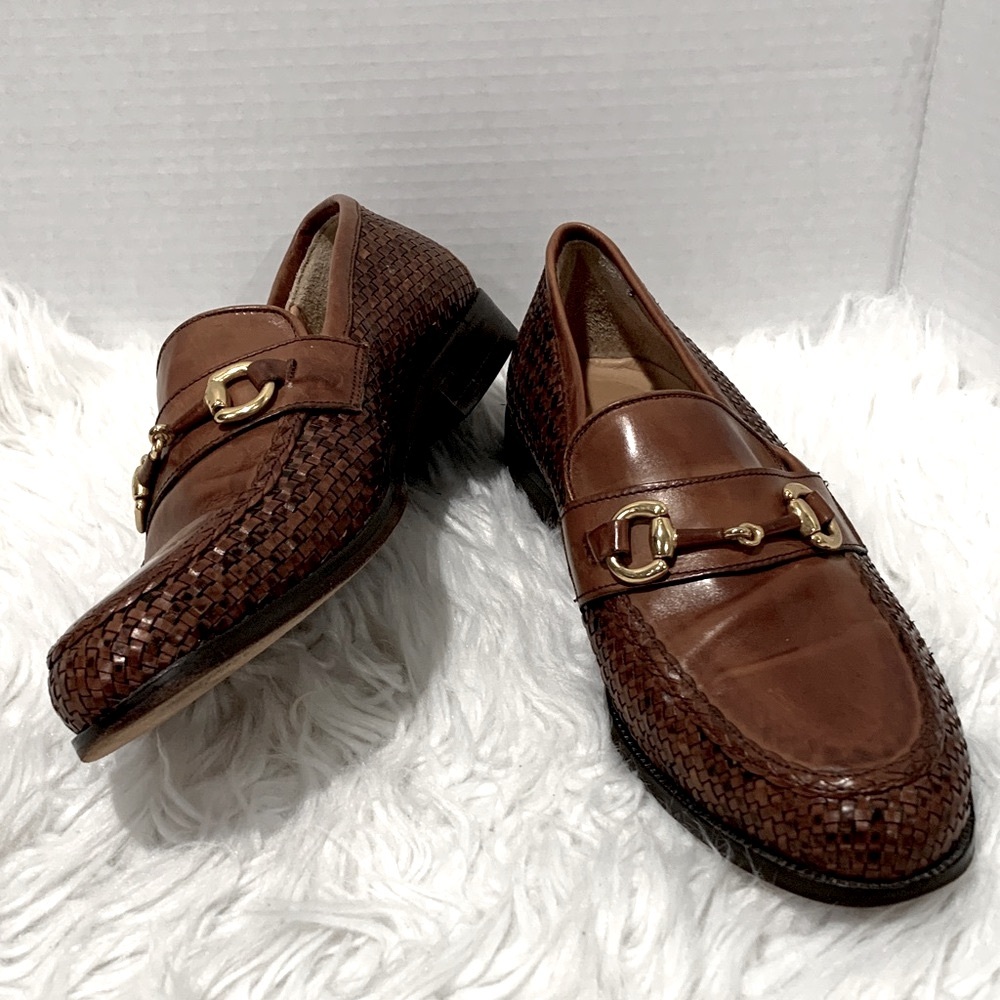 BALLY Tan Woven Side Panels Leather Loafers with Gold Detailing Men’s 43